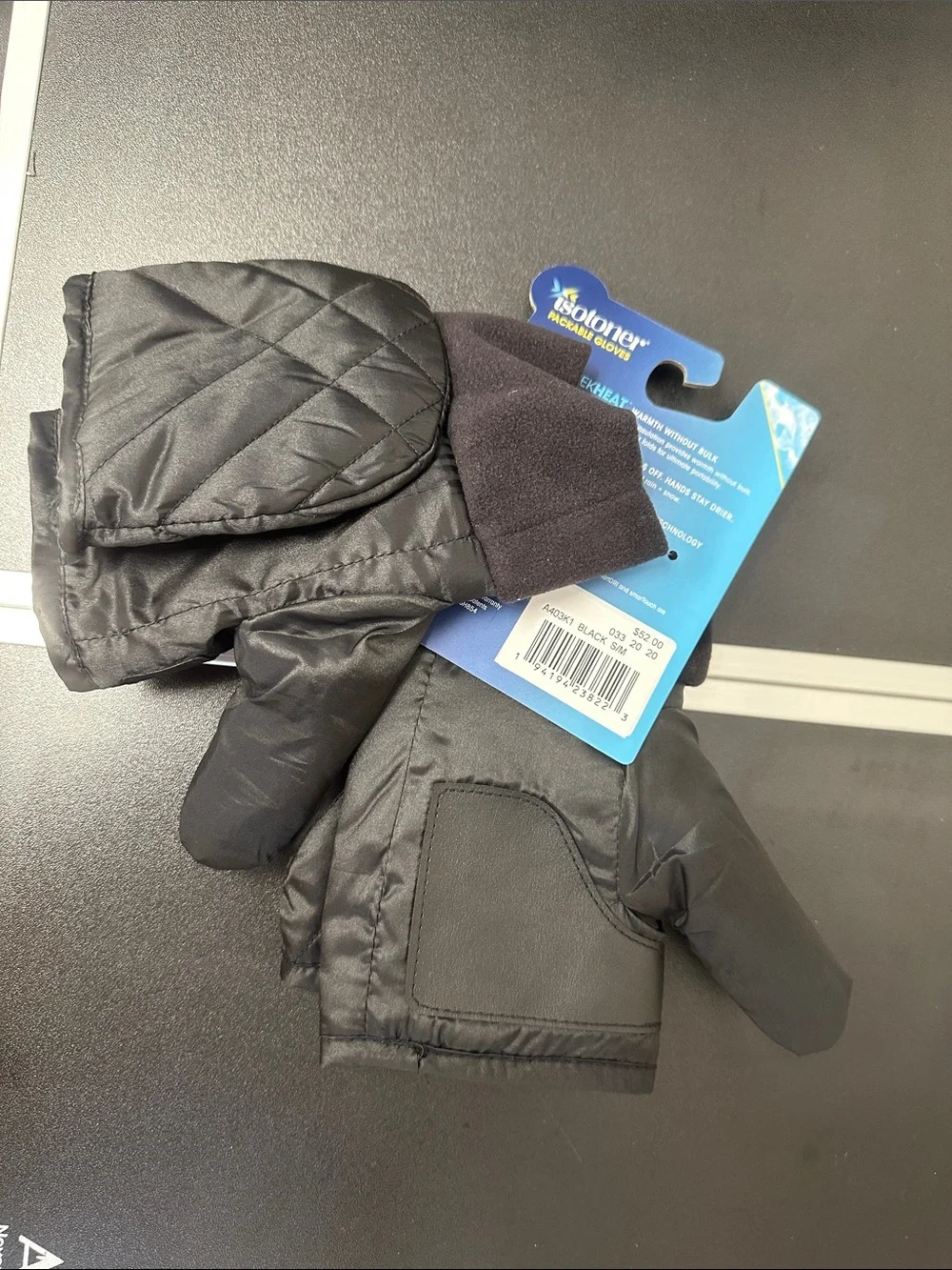 Isotoner Black Quilted Convertible Mittens with Grip Patch